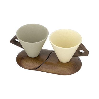 Stoneware Coffee Cup Set with Walnut Wood Base