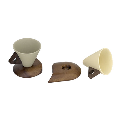 Stoneware Coffee Cup Set with Walnut Wood Base