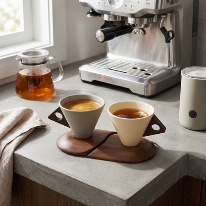 Stoneware Coffee Cup Set with Walnut Wood Base