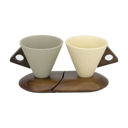 Stoneware Coffee Cup Set with Walnut Wood Base