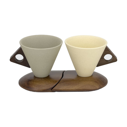 Stoneware Coffee Cup Set with Walnut Wood Base