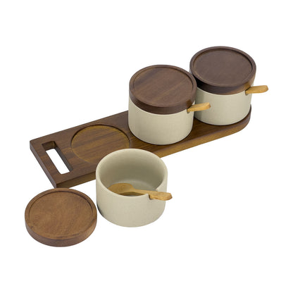 Stoneware Spice Jar Set with Bamboo Spoons, Walnut Wood Lids and Tray