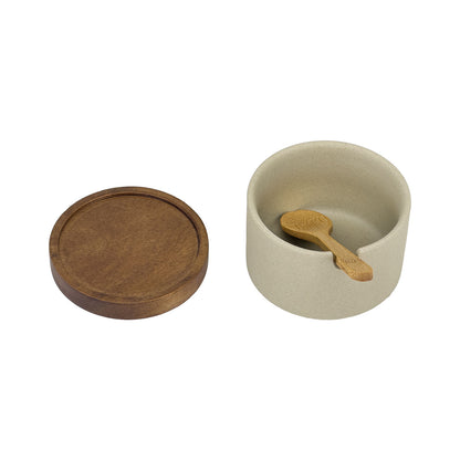 Stoneware Spice Jar Set with Bamboo Spoons, Walnut Wood Lids and Tray