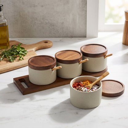 Stoneware Spice Jar Set with Bamboo Spoons, Walnut Wood Lids and Tray