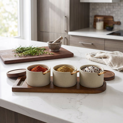 Stoneware Spice Jar Set with Bamboo Spoons, Walnut Wood Lids and Tray