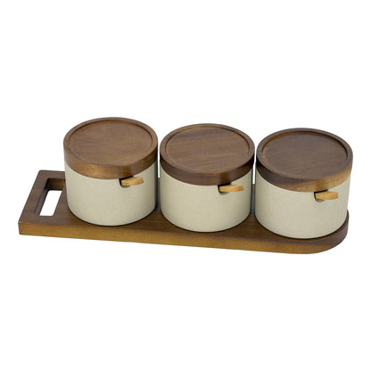 Stoneware Spice Jar Set with Bamboo Spoons, Walnut Wood Lids and Tray
