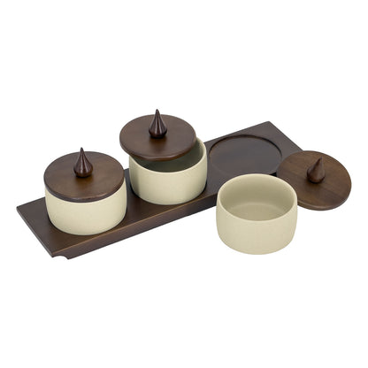 Stoneware Spice Jar Set with Walnut Wood Lids and Tray