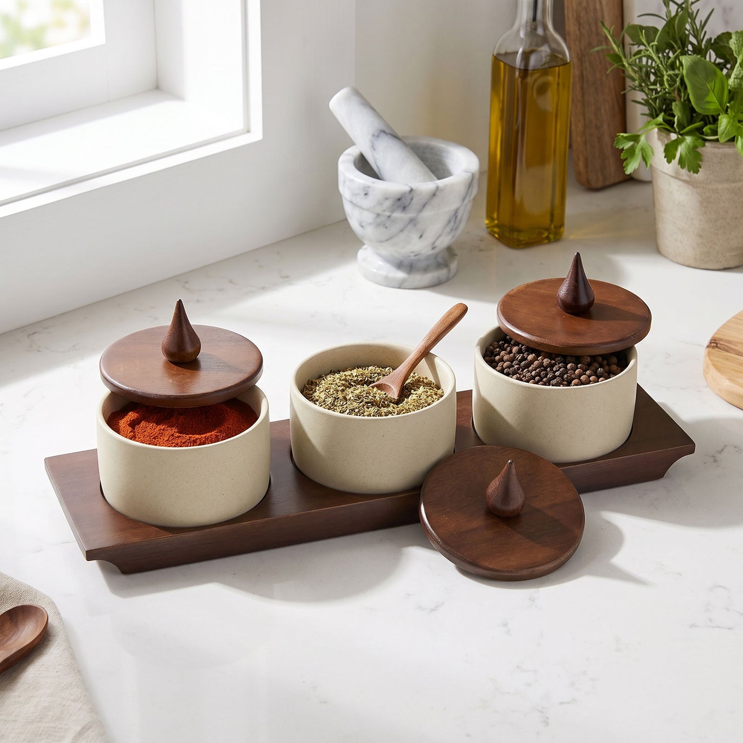 Stoneware Spice Jar Set with Walnut Wood Lids and Tray