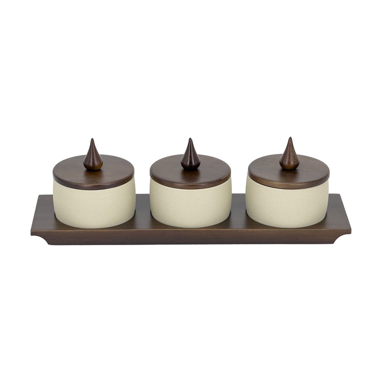 Stoneware Spice Jar Set with Walnut Wood Lids and Tray