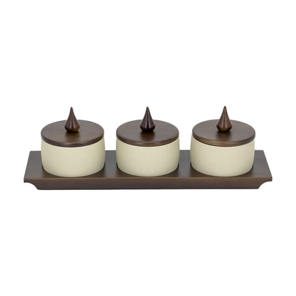 Stoneware Spice Jar Set with Walnut Wood Lids and Tray