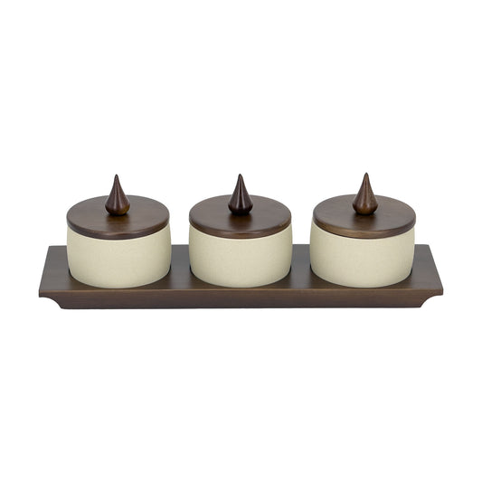 Stoneware Spice Jar Set with Walnut Wood Lids and Tray