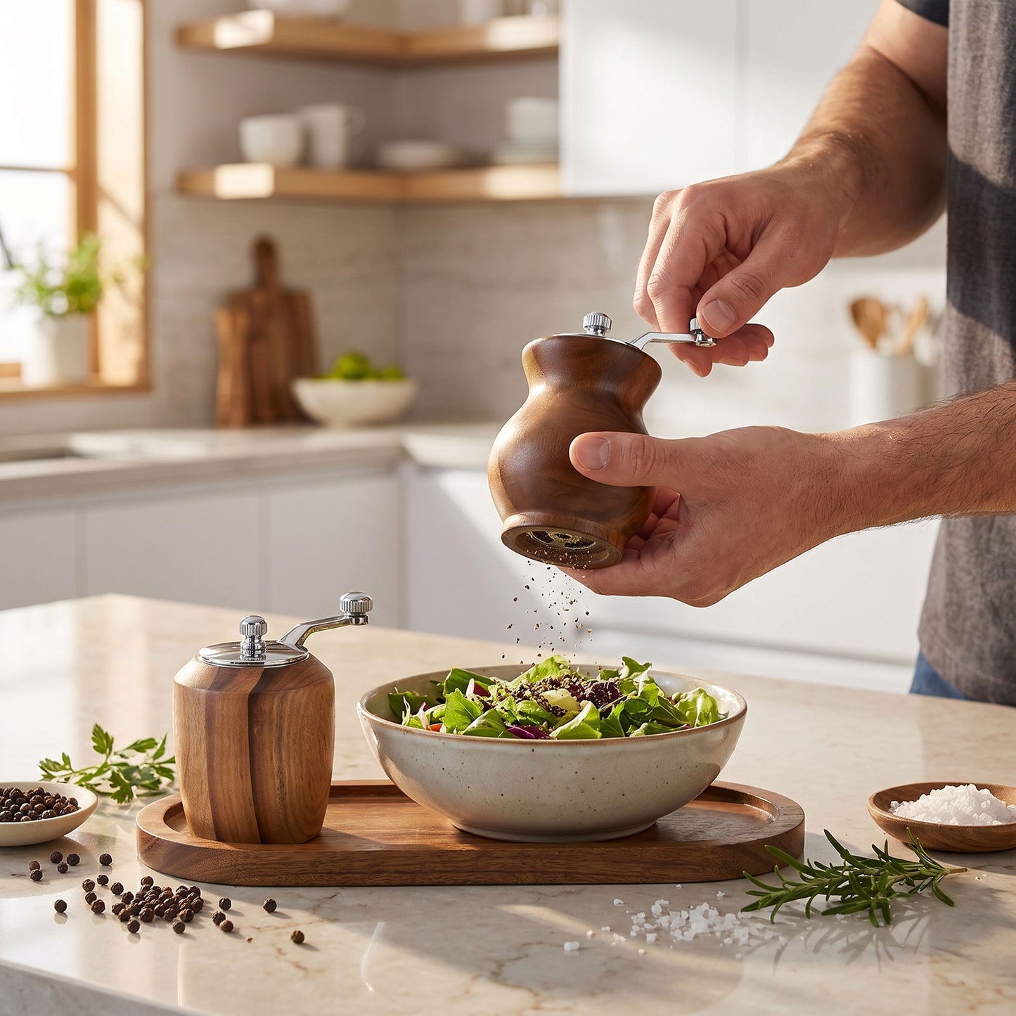 Walnut Salt and Pepper Grinder Set with Tray