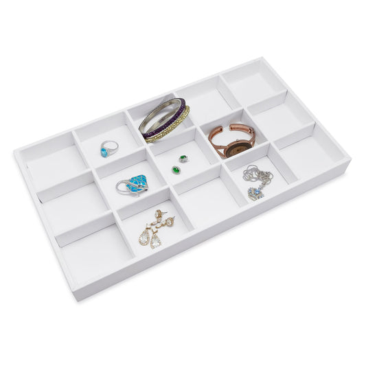 White Leatherette 15 Compartment Stackable Jewelry Tray