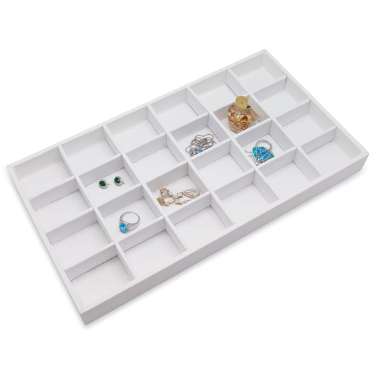 White Leatherette 24 Compartment Stackable Jewelry Tray