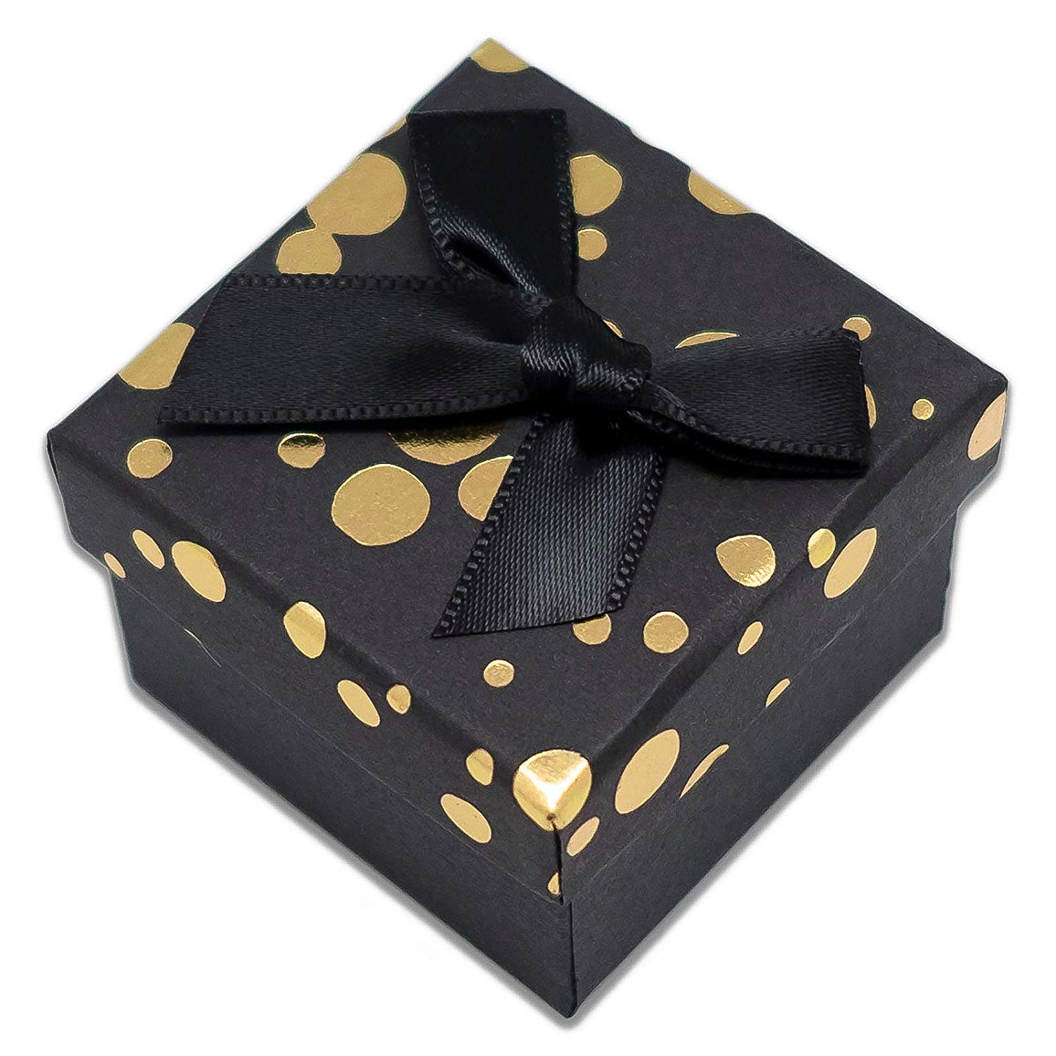 1 3/4" x 1 3/4" Black and Gold Polka Dot Cardboard Ribbon Bow Jewelry Box