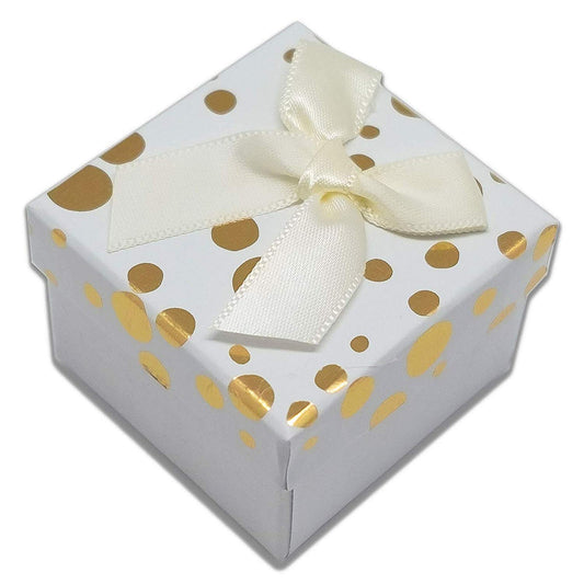 1 3/4" x 1 3/4" White and Gold Polka Dot Cardboard Ribbon Bow Jewelry Box