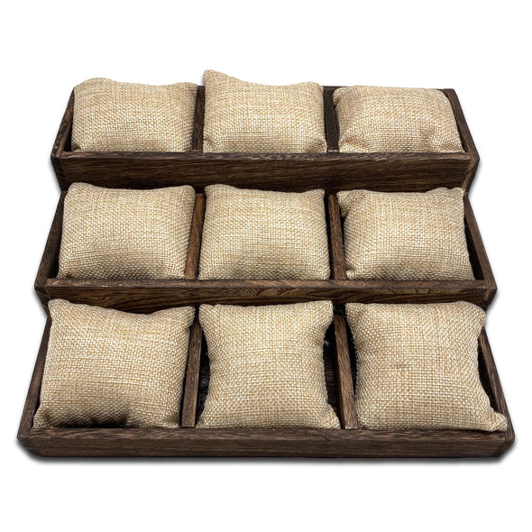 10 1/2" x 9 1/4" Wood Tray with 12 Burlap Jewelry Display Pillows