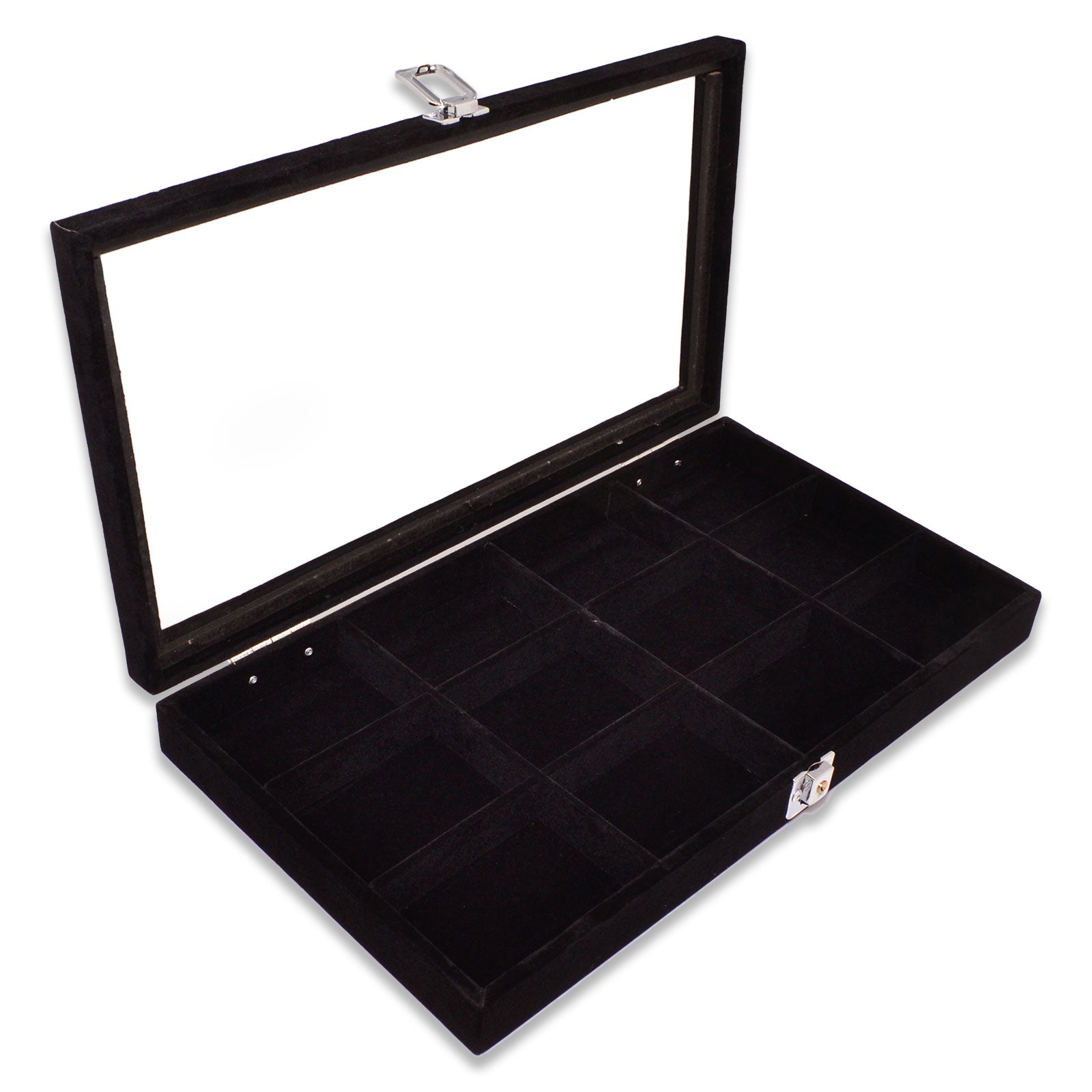 14 3/4" x 8 1/4" 12 Compartment Black Velvet Display Case w/ Glass Top and Key