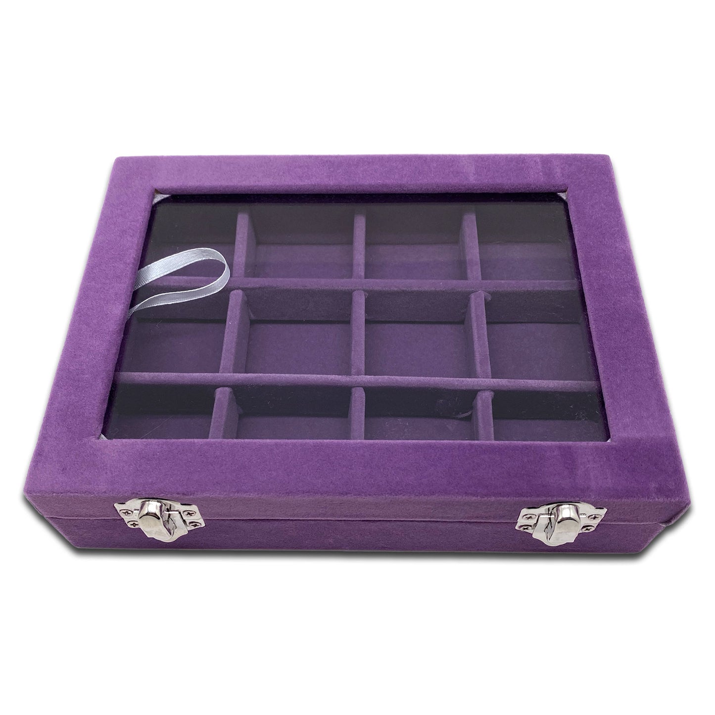 8" x 6" 12 Compartment Purple Velvet Display Case w/ Glass Top