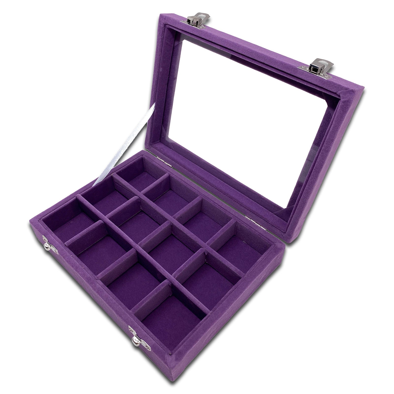 8" x 6" 12 Compartment Purple Velvet Display Case w/ Glass Top