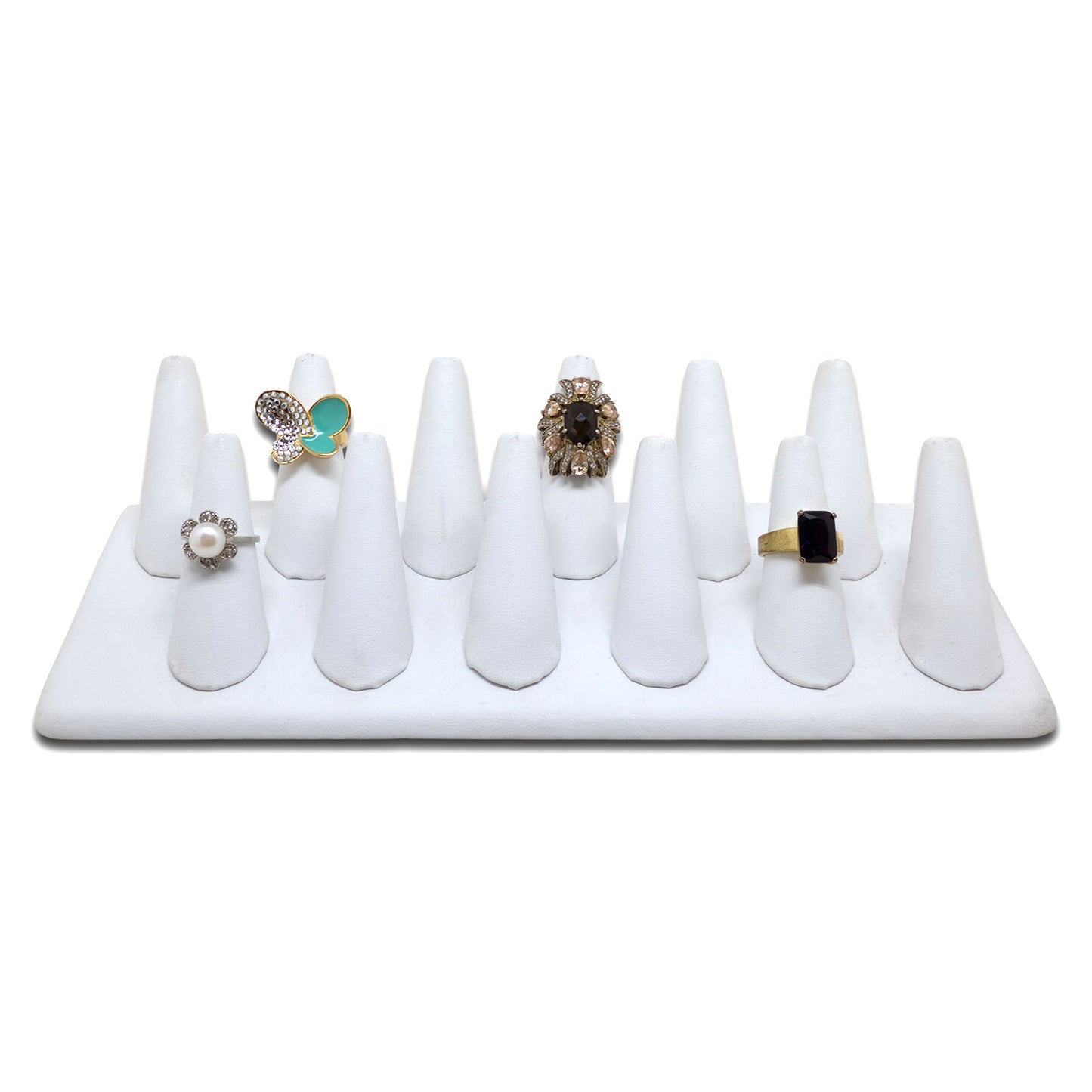 12 Finger White Leatherette Ring Jewelry Display