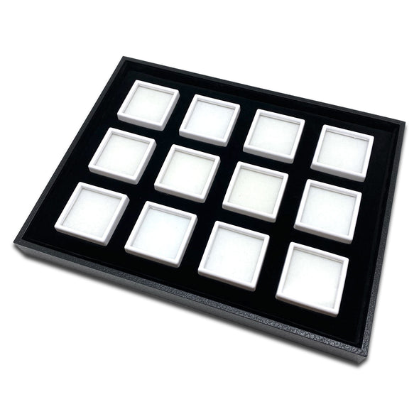 12 White Gem Boxes with Black Wood Tray