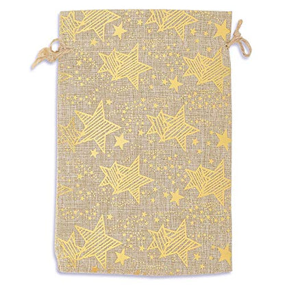 12" x 16" Jute Burlap Gold Star Drawstring Gift Bags