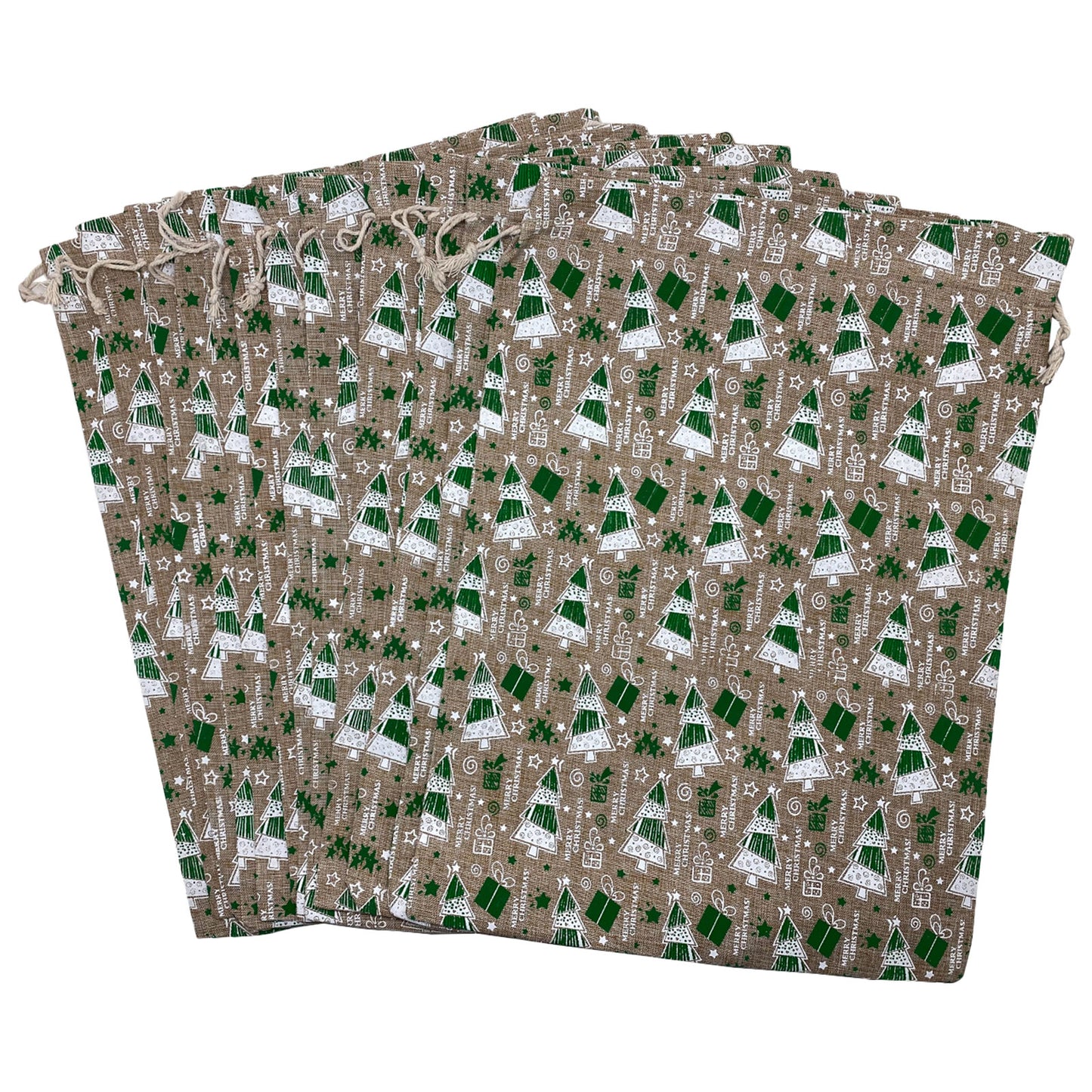12" x 16" Jute Burlap Green Christmas Tree Drawstring Gift Bags