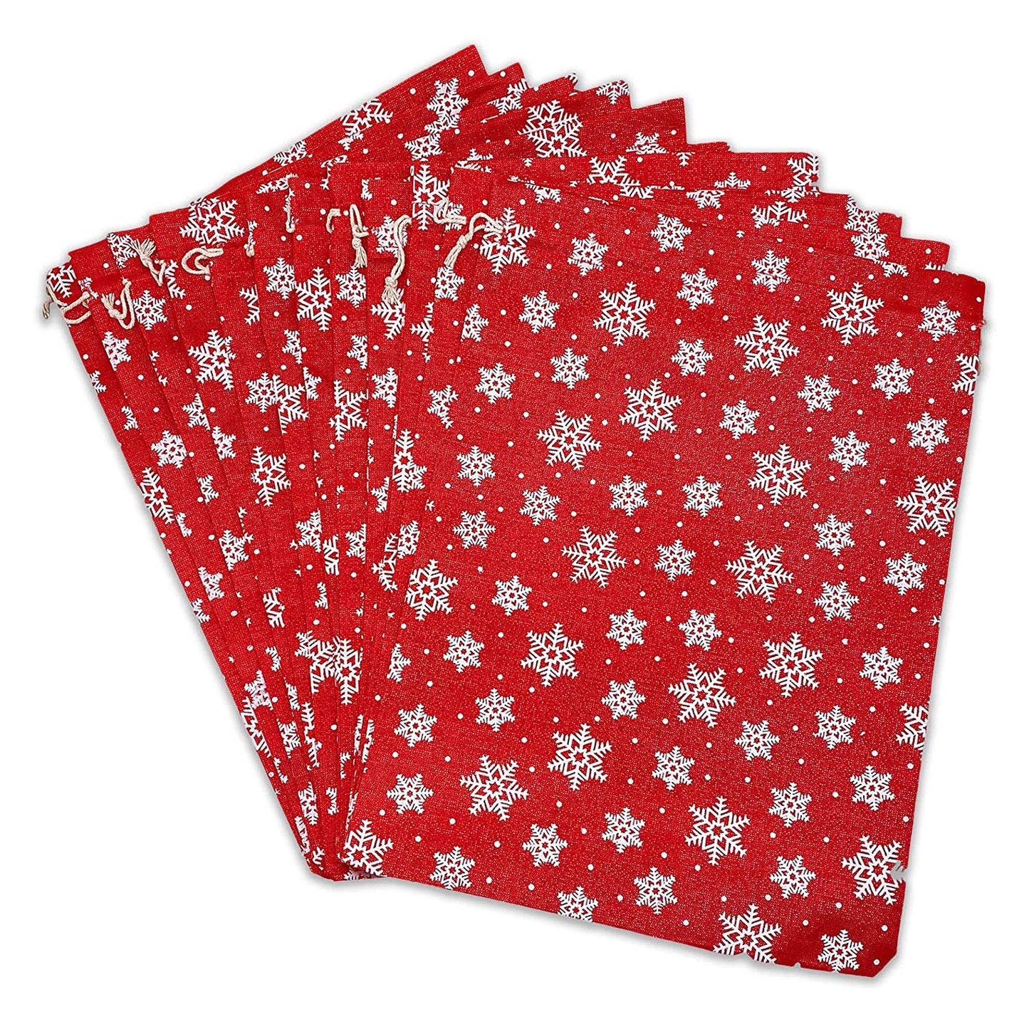 12" x 16" Jute Burlap Red Christmas White Snowflake Drawstring Gift Bags
