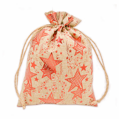 12" x 16" Jute Burlap Red Star Drawstring Gift Bags