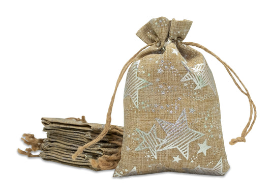 12" x 16" Jute Burlap Silver Star Drawstring Gift Bags