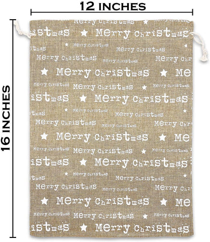 12" x 16" Jute Burlap White Merry Christmas Drawstring Gift Bags