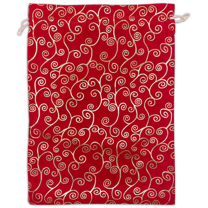 12" x 16" Red Velvet Gold Swirl Christmas Drawstring Gift Bags