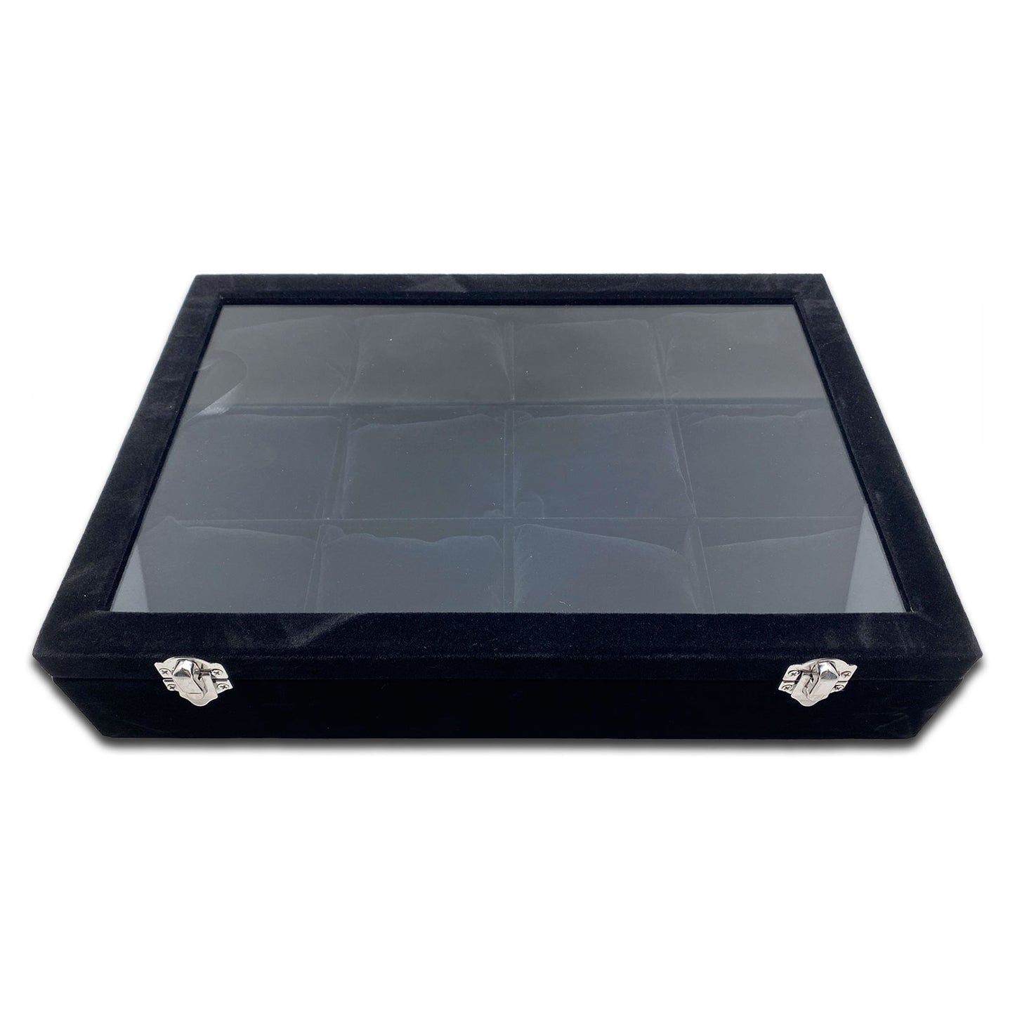 13 3/4" x 9 1/2" x 3" Glass Top Case with 12 Black Velvet Jewelry Display Pillows