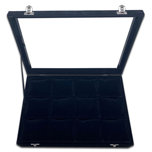 13 3/4" x 9 1/2" x 3" Glass Top Case with 12 Black Velvet Jewelry Display Pillows