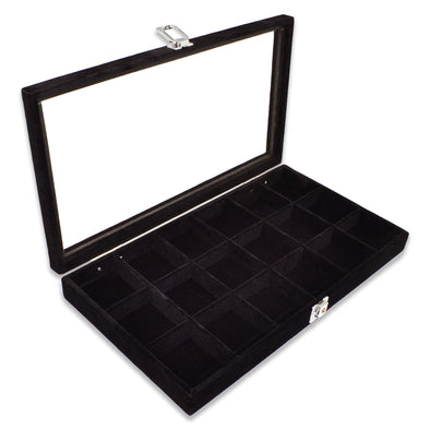 14 3/4" x 8 1/4" 18 Compartment Black Velvet Display Case w/ Glass Top and Key