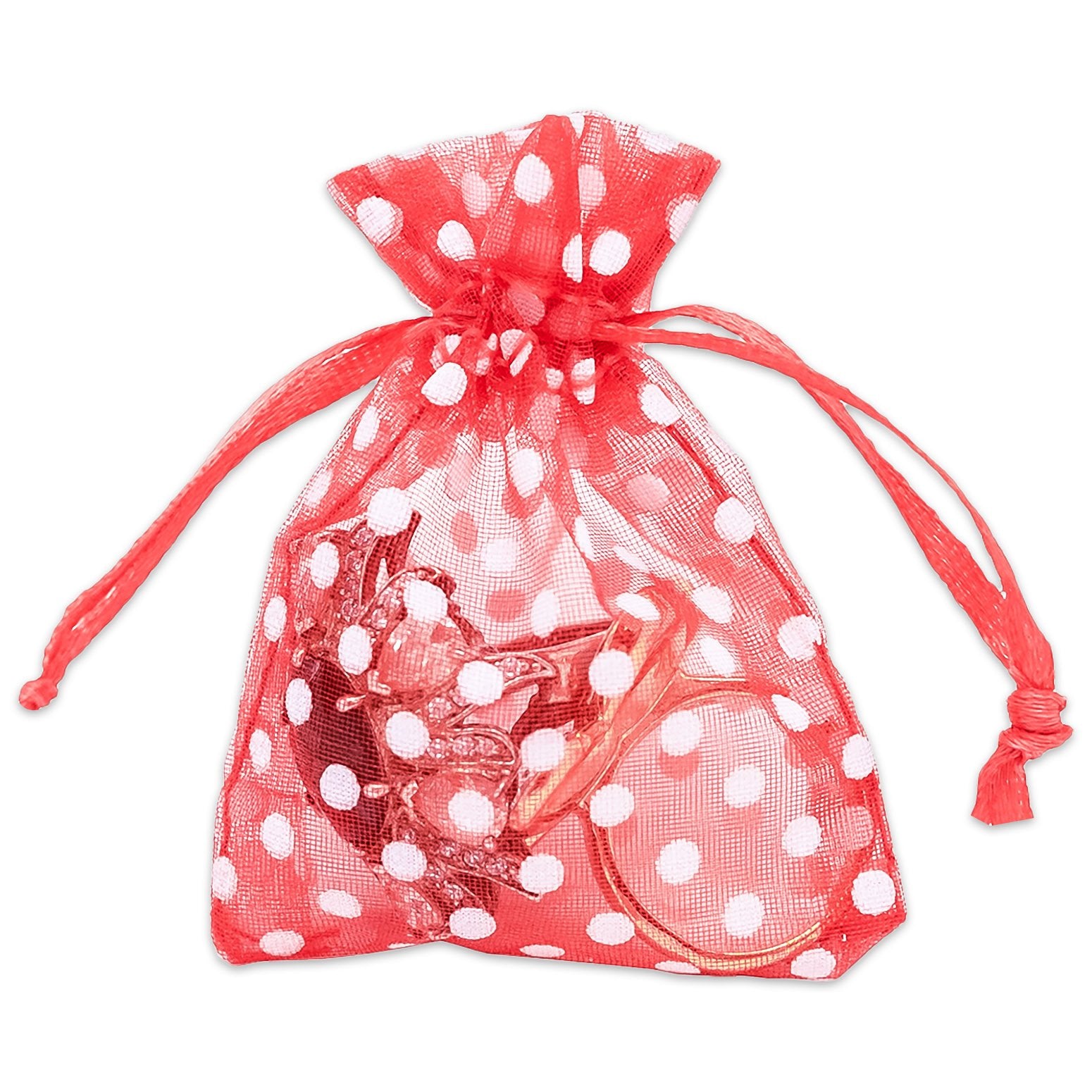 Red with White Polka Dot Organza Drawstring Pouch Gift Bags