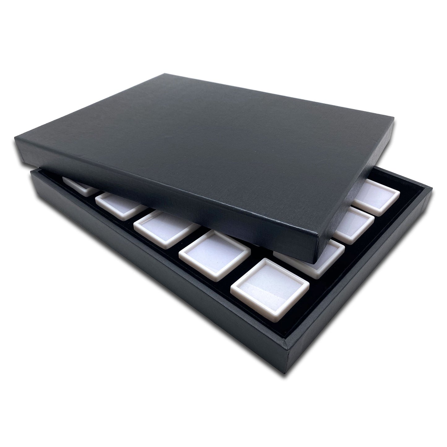 20 White Gem Boxes with Black Wood Tray and Lid