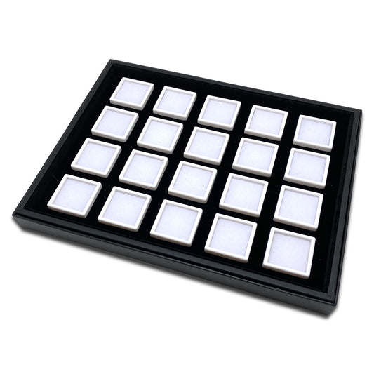 20 White Gem Boxes with Black Wood Tray