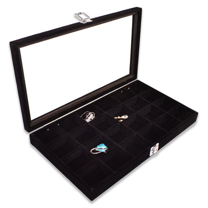 14 3/4" x 8 1/4" 24 Compartment Black Velvet Display Case w/ Glass Top and Key