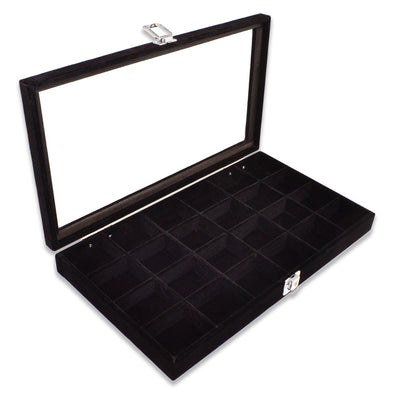 14 3/4" x 8 1/4" 24 Compartment Black Velvet Display Case w/ Glass Top and Key