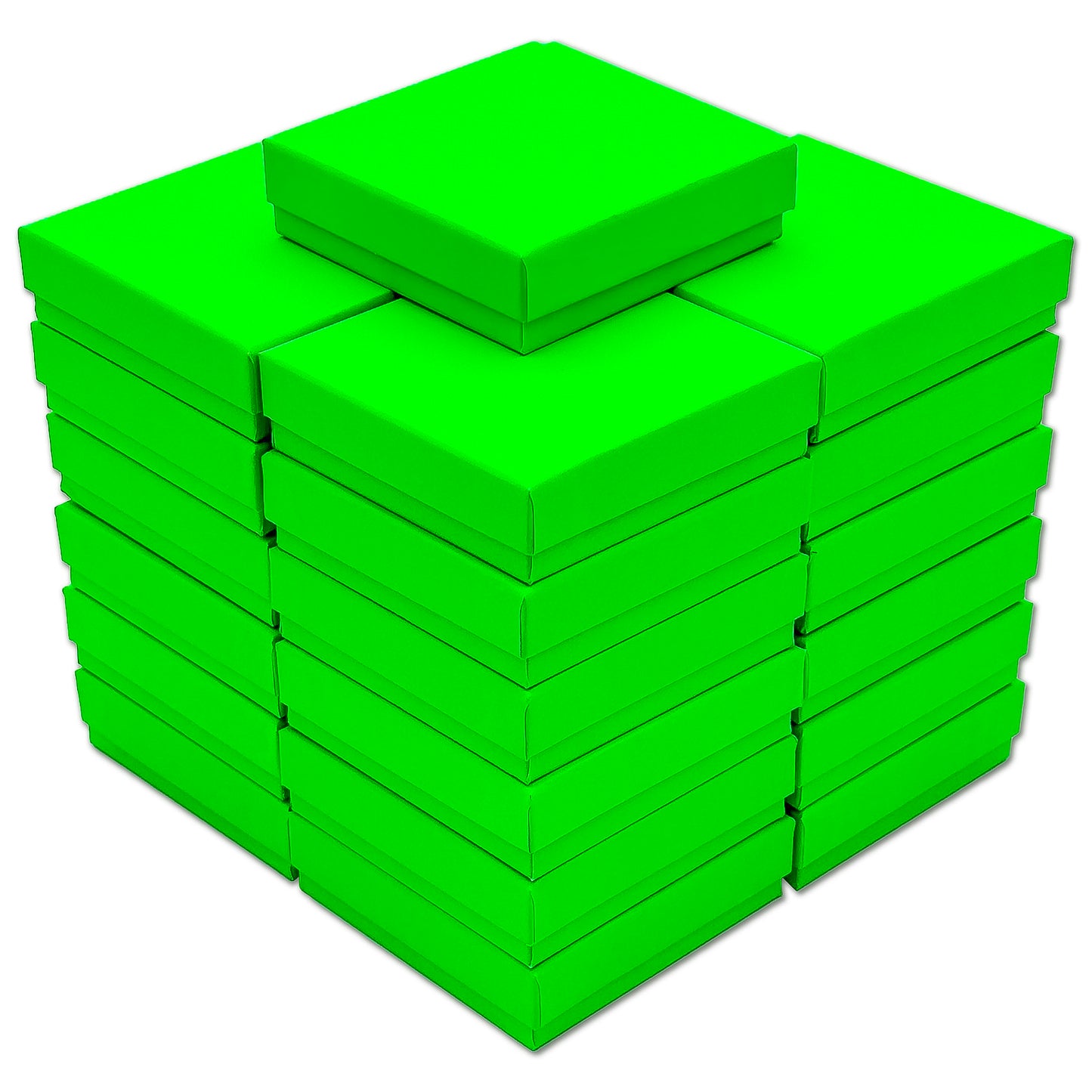 3 1/2" x 3 1/2" x 1" Neon Green Cotton Filled Paper Box