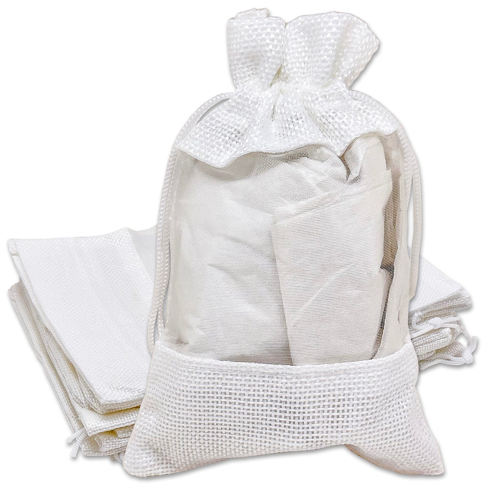3 1/2" x 5 1/2" White Linen Burlap and Sheer Organza Gift Bag