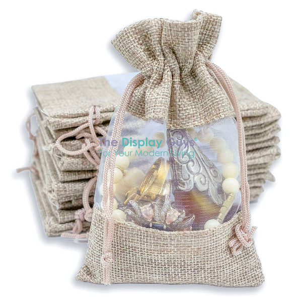 3 1/2" x 5 1/2" Linen Burlap and Sheer Organza Gift Bag