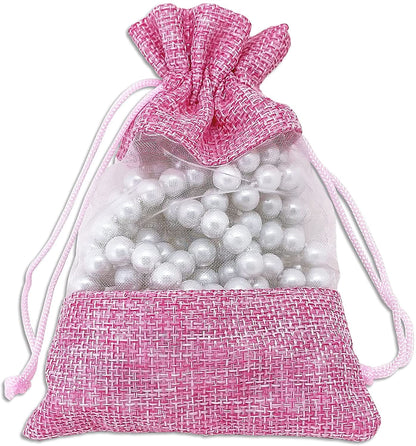 3 1/2" x 5 1/2" Linen Burlap and Sheer Organza Pink Gift Bag