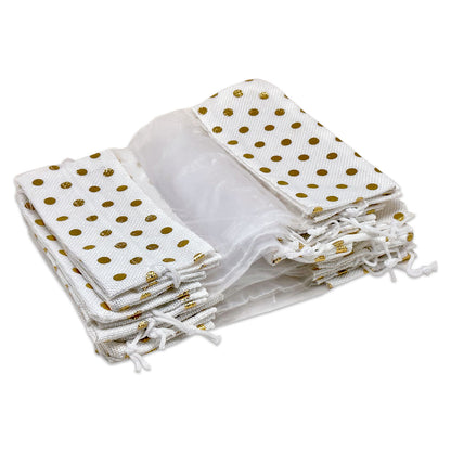 3 1/2" x 5 1/2" White with Gold Polka Dot Linen Burlap and Sheer Organza Gift Bag