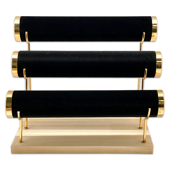 3 Tier Collapsible Black Velvet Gold Accent Round T-Bar Bracelet Display