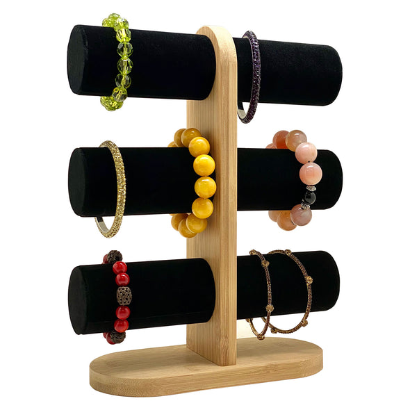 3 Tier Wood Black Velvet Round T-Bar Bracelet Jewelry Display