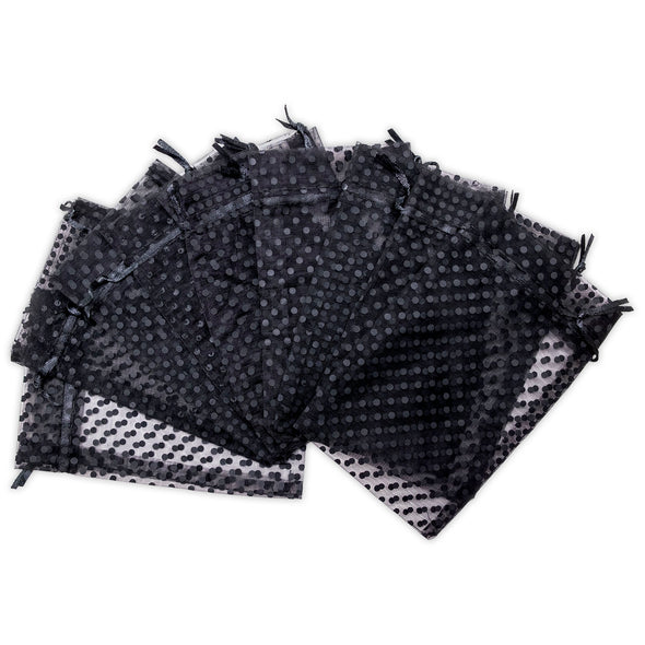 Black with Black Polka Dot Organza Drawstring Pouch Gift Bags