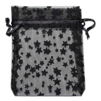 Black with Black Star Organza Drawstring Pouch Gift Bags